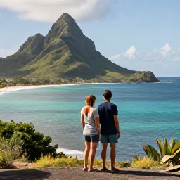 Caribbean Holidays, Guadeloupe Couples Holidays, Couple enjoying a scenic coastal viewpoint over the blue Caribbean Sea and green mountains of Guadeloupe