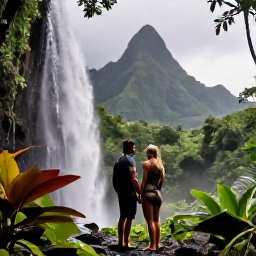 Caribbean Holidays, Guadeloupe Couples Holidays, Couple exploring lush Guadeloupe rainforest beside a waterfall, with tropical plants and volcanic mountains