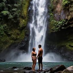 Caribbean Holidays, Guadeloupe Couples Holidays, Couple hiking through lush Guadeloupe rainforest beside a waterfall in Basse-Terre