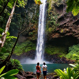 Caribbean Holidays, Guadeloupe Couples Holidays, Couple hiking through lush Guadeloupe rainforest towards a waterfall, tropical foliage, volcanic mountains and natural pool