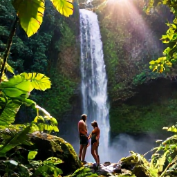 Caribbean Holidays, Guadeloupe Couples Holidays, Couple hiking through lush rainforest beside a waterfall in Guadeloupe National Park, January sunshine filtering through tropical leaves