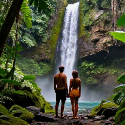 Caribbean Holidays, Guadeloupe Couples Holidays, Couple hiking through lush rainforest in Guadeloupe National Park towards a tropical waterfall