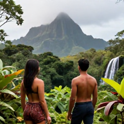 Caribbean Holidays, Guadeloupe Couples Holidays, Couple hiking through lush rainforest in Guadeloupe towards a waterfall, tropical plants and volcanic mountains in the background