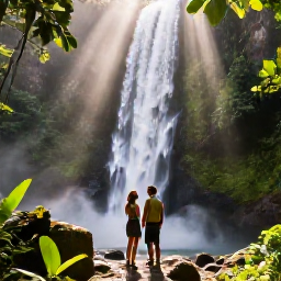 Caribbean Holidays, Guadeloupe Couples Holidays, Couple hiking through lush tropical rainforest in Guadeloupe towards a dramatic waterfall, sunbeams through green leaves