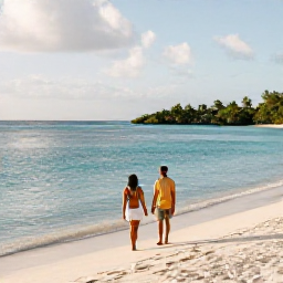 Caribbean Holidays, Guadeloupe Couples Holidays, Couple relaxing beside a calm turquoise lagoon on Grande-Terre, Guadeloupe, with white sand and soft afternoon light