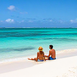 Caribbean Holidays, Guadeloupe Couples Holidays, Couple relaxing on a beautiful white-sand beach beside clear turquoise water in Guadeloupe