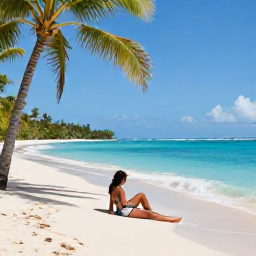 Caribbean Holidays, Guadeloupe Couples Holidays, Couple relaxing on a sandy Guadeloupe beach with clear blue water, gentle waves and shaded palm trees
