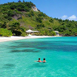Caribbean Holidays, Guadeloupe Couples Holidays, Couple swimming in a secluded turquoise lagoon near Guadeloupe, surrounded by green hills and tropical vegetation