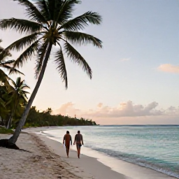 Caribbean Holidays, Guadeloupe Couples Holidays, Couple walking along a quiet tropical beach in Guadeloupe at sunrise, with palm trees and calm turquoise water