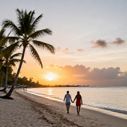 Caribbean Holidays, Guadeloupe Couples Holidays, Couple walking hand in hand along a quiet Guadeloupe beach at sunset, with palm trees and calm Caribbean sea