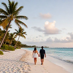 Caribbean Holidays, Guadeloupe Couples Holidays, Couple walking hand in hand along a quiet white-sand beach in Guadeloupe at golden hour, turquoise sea and palm trees