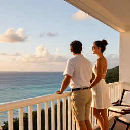 Caribbean Holidays, Guadeloupe Couples Holidays, Elegant couple relaxing on a Guadeloupe balcony overlooking the sea at golden hour