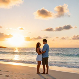 Caribbean Holidays, Guadeloupe Couples Holidays, Happy couple enjoying a peaceful sunset on a Guadeloupe beach in January, warm golden light over the Caribbean Sea