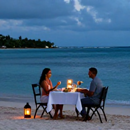 Caribbean Holidays, Guadeloupe Couples Holidays, Romantic beachfront dinner for two in Guadeloupe at dusk, with lanterns, local food and the Caribbean sea
