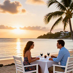 Caribbean Holidays, Guadeloupe Couples Holidays, Romantic beachfront restaurant in Guadeloupe with a couple dining outdoors at sunset