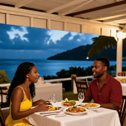 Caribbean Holidays, Guadeloupe Couples Holidays, Romantic evening at an outdoor restaurant in Guadeloupe, with local food and a couple dining under soft lights