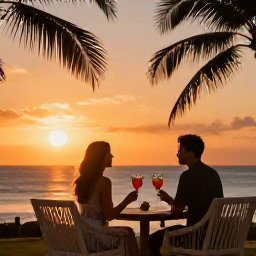 Caribbean Holidays, Guadeloupe Couples Holidays, Romantic Guadeloupe sunset over the sea, couple seated on a terrace with cocktails, warm orange sky and palm silhouettes