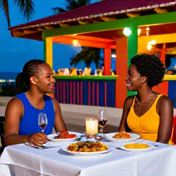 Caribbean Holidays, Guadeloupe Couples Holidays, Romantic outdoor dinner for two at a colourful Guadeloupe restaurant, tropical evening atmosphere and local dishes on the table