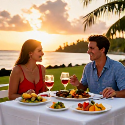 Caribbean Holidays, Guadeloupe Couples Holidays, Romantic outdoor table in Guadeloupe serving Creole seafood, tropical fruit and French-inspired dishes at sunset