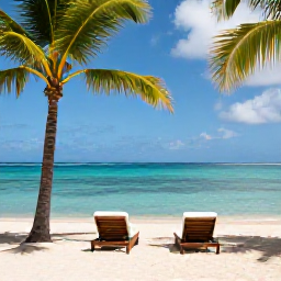 Caribbean Holidays, Guadeloupe Couples Holidays, Romantic tropical beach in Guadeloupe with two sun loungers, calm turquoise water, soft sand and palm trees