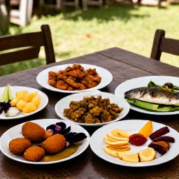 Caribbean Holidays, Guadeloupe Culture Holidays, Guadeloupean Creole food served at a relaxed outdoor table, including accras, colombo, fresh fish, plantain and tropical fruit