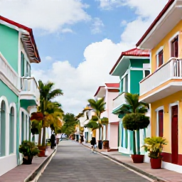 Caribbean Holidays, Guadeloupe Culture Holidays, Historic streets and colourful colonial buildings in Pointe-&agrave;-Pitre, Guadeloupe, with pedestrians and tropical plants