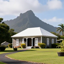 Caribbean Holidays, Guadeloupe Culture Holidays, Stone colonial plantation house and tropical gardens on Basse-Terre, Guadeloupe, with mountains in the background