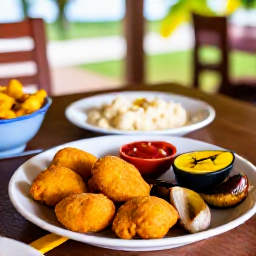 Caribbean Holidays, Guadeloupe Culture Holidays, Traditional Guadeloupean Creole meal with accras, fish, plantain and spices served at a welcoming local table
