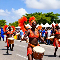Caribbean Holidays, Guadeloupe Culture Holidays, Vibrant Guadeloupe carnival parade with dancers in colourful costumes, drums and cheering crowds