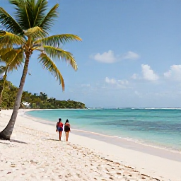 Caribbean Holidays, Guadeloupe December, A quiet Guadeloupe beach with soft white sand, calm turquoise water and a couple walking beneath palm trees