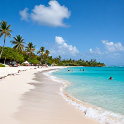 Caribbean Holidays, Guadeloupe December Break, Turquoise Caribbean beach near Sainte-Anne, Guadeloupe, with white sand, palm trees and visitors swimming in calm water