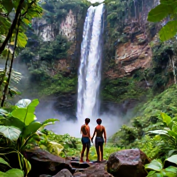 Caribbean Holidays, Guadeloupe December, Couple exploring a lush rainforest waterfall in Guadeloupe, volcanic mountains and tropical vegetation