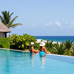 Caribbean Holidays, Guadeloupe December, Couple relaxing beside an infinity pool at an adults-only hotel in Guadeloupe, tropical gardens and ocean view