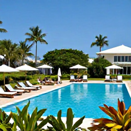Caribbean Holidays, Guadeloupe December, Guests enjoying a stylish all-inclusive resort pool in Guadeloupe, with sun loungers, tropical gardens and a clear blue sky