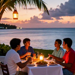 Caribbean Holidays, Guadeloupe December Holidays, A family enjoying a relaxed festive dinner outdoors beside the Caribbean Sea in Guadeloupe, with lanterns, local food and a sunset sky