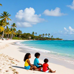 Caribbean Holidays, Guadeloupe December Holidays, A happy family relaxing on a sunny Guadeloupe beach in December, with calm turquoise water, palm trees and soft golden sand