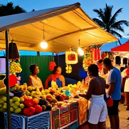 Caribbean Holidays, Guadeloupe December Holidays, Colourful Christmas market in Pointe-&agrave;-Pitre, Guadeloupe, with local crafts, tropical fruit and warm evening light
