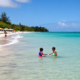 Caribbean Holidays, Guadeloupe December Holidays, Family swimming and playing in shallow clear water at Sainte-Anne beach, Guadeloupe, with a gentle shoreline and colourful beach umbrellas