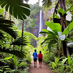 Caribbean Holidays, Guadeloupe December Holidays, Family walking through lush tropical rainforest in Guadeloupe National Park, with a waterfall, broad leaves and a safe scenic path