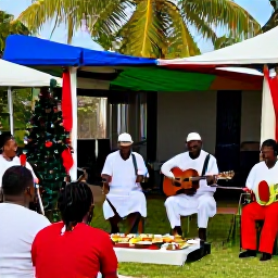 Caribbean Holidays, Guadeloupe December Holidays, Guadeloupean family Christmas celebration with musicians, traditional food and decorated tropical surroundings