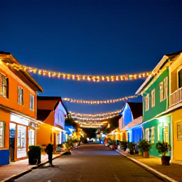 Caribbean Holidays, Guadeloupe December Holidays, Pointe-&agrave;-Pitre street decorated for Christmas in Guadeloupe, with colourful buildings, local shops and evening lights