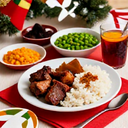 Caribbean Holidays, Guadeloupe December Holidays, Traditional Guadeloupe Christmas table featuring pork, rice, peas, festive punch and homemade Caribbean dishes