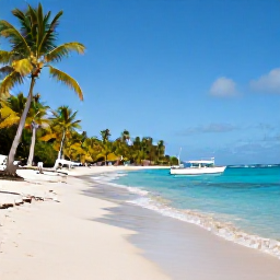 Caribbean Holidays, Guadeloupe December Tours, Bright December morning on a Guadeloupe beach, with turquoise Caribbean water, palm trees and a small tour boat near the shore
