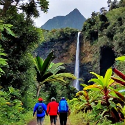 Caribbean Holidays, Guadeloupe December Tours, Hikers walking through lush Guadeloupe rainforest towards a waterfall, with volcanic mountains and tropical plants in soft December sunlight