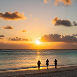 Caribbean Holidays, Guadeloupe December Tours, Relaxed Guadeloupe beach at sunset in December, with golden light, calm turquoise water and travellers enjoying a peaceful evening