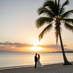 Caribbean Holidays, Guadeloupe December Weddings, Bride and groom on a quiet Guadeloupe beach at sunset in December, with palm trees and calm turquoise water