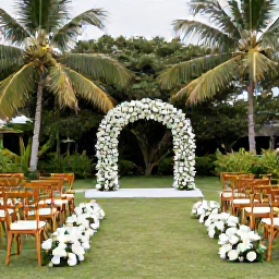 Caribbean Holidays, Guadeloupe December Weddings, Elegant outdoor wedding ceremony in a tropical Guadeloupe garden, decorated with white flowers and simple wooden chairs