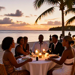 Caribbean Holidays, Guadeloupe December Weddings, Happy wedding guests sharing a sunset dinner at a relaxed Guadeloupe beachfront restaurant