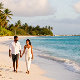 Caribbean Holidays, Guadeloupe December Weddings, Newly married couple walking barefoot along a Guadeloupe beach, with colourful tropical water and soft morning light