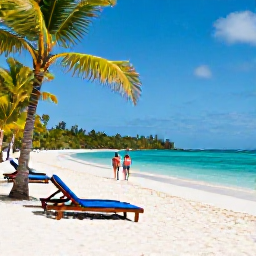 Caribbean Holidays, Guadeloupe December, White sandy beach and clear turquoise water in Guadeloupe, sun loungers, palms and a couple walking along the shore